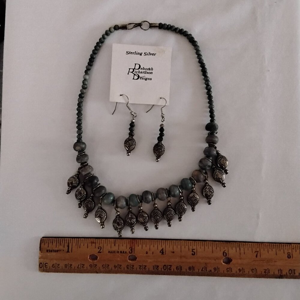 Silver and bead blue-gray necklace  16 inches and earrings
